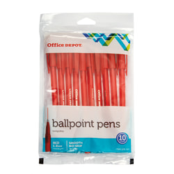 Office Depot® Brand Tinted Ballpoint Stick Pens, Medium Point, 1.0 mm, Red Barrel, Red Ink, Pack Of 10