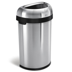 simplehuman® Semi-Round Open-Top Commercial Stainless-Steel Trash Can, 16 Gallons, 29-9/10"H x  18-1/2"W x 13-1/10"D, Brushed Stainless Steel