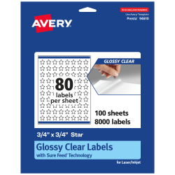 Avery® Glossy Permanent Labels With Sure Feed®, 94610-CGF100, Star, 3/4" x 3/4", Clear, Pack Of 8,000