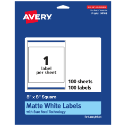 Avery® Permanent Labels With Sure Feed®, 94108-WMP100, Square, 8" x 8", White, Pack Of 100