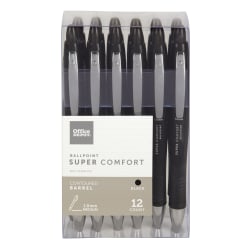 Office Depot® Brand Super Comfort Grip Retractable Ballpoint Pens, Medium Point, 1.0 mm, Black Barrel, Black Ink, Pack Of 12