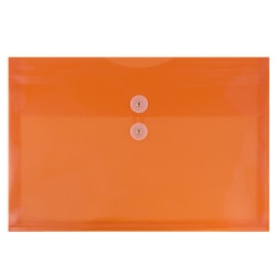JAM Paper® Plastic Booklet Envelopes, Legal-Size, 9 3/4" x 14 1/2", Button & String Closure, Orange, Pack Of 12