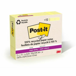 Post-it® Recycled Super Sticky Notes - 90 - 3" Flag/Note Wx5" Flag/Note L - Rectangle - 90 Sheets per Pad - Canary Yellow - 12/Pack - 655R12SSCY
