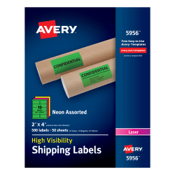 Avery® High-Visibility Permanent Shipping Labels, 5956, 2" x 4", Assorted Colors, Pack Of 500