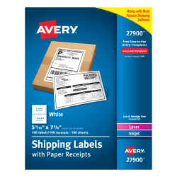 Avery® Shipping Labels With Paper Receipts, 27900, 5 1/16" x 7 5/8", White, Pack Of 100