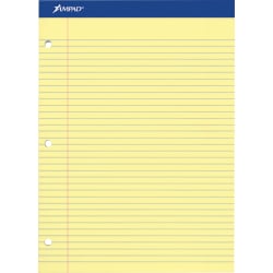 Ampad Perforated 3 Hole Punched Ruled Double Sheet Pad,&nbsp;Wide/Legal Rule, 100 Sheets, 8 1/2" x 11", Canary Yellow