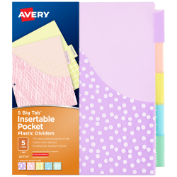 Avery Dividers For 3 Ring Binders, 5-Tab Binder Dividers, Plastic Binder Dividers With Pockets, Insertable Big Tab?, Pastel Classic Designs, 1 Set (07714)