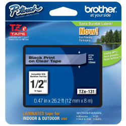 Brother® TZe-131 Black-On-Clear Tape, 0.5" x 26.2'