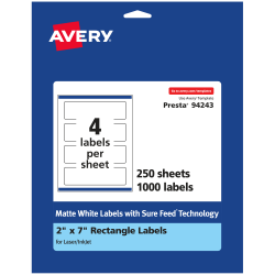 Avery® Permanent Labels With Sure Feed®, 94243-WMP250, Rectangle, 2" x 7", White, Pack Of 1,000