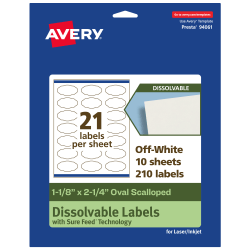 Avery® Print-to-the-Edge Dissolvable Labels With Sure Feed® Technology, 94061-DWMP10, Oval Scalloped, 1-1/8"x2-1/4", Matte Off-White, Pack Of 210