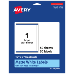 Avery® Permanent Labels With Sure Feed®, 94263-WMP50, Rectangle, 10" x 7", White, Pack Of 50