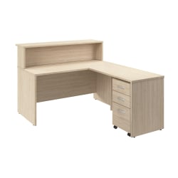 Bush Business Furniture Arrive 60"W L Shaped Reception Desk with Shelf and Mobile File Cabinet, Natural Elm, Standard Delivery