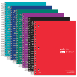 Office Depot® Wirebound Notebooks, 8" x 10-1/2", 5 Subjects, Wide Ruled, 180 Sheets, Assorted Colors, Pack Of 6 Notebooks