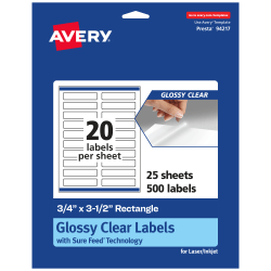 Avery® Glossy Permanent Labels With Sure Feed®, 94217-CGF25, Rectangle, 3/4" x 3-1/2", Clear, Pack Of 500