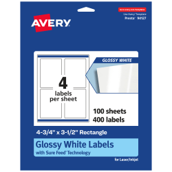 Avery® Glossy Permanent Labels With Sure Feed®, 94127-WGP100, Rectangle, 4-3/4" x 3-1/2", White, Pack Of 400