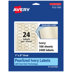 Avery® Pearlized Permanent Labels With Sure Feed®, 94053-PIP100, Oval, 1" x 2", Ivory, Pack Of 2,400 Labels