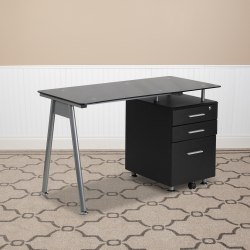 Flash Furniture 48"W Glass Computer Desk With 3- Drawer Pedestal, Black/Clear
