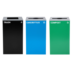 Alpine Industries Stainless-Steel Open Top Cans/Bottles Recycling, Compost And Trash Can Set With Square And Mixed Lids, 29 Gallons, 30"H x 16-15/16"W x 16-15/16"D, Black/Blue/Green, Set Of 3 Trash Cans