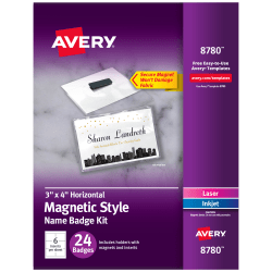 Avery® Customizable Magnetic Name Badges, Rectangle, 8780, 3" x 4", White, 24 Printable Inserts And Badge Holders With Magnets