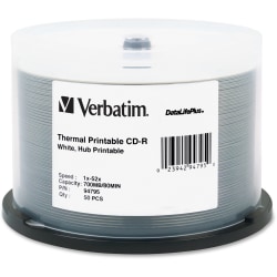 Verbatim DataLifePlus 94795 CD Recordable Media - CD-R - 52x - 700 MB - 50 Pack Spindle - White - 120mm - Single-layer Layers - Printable - Thermal Printable - 1.33 Hour Maximum Recording Time