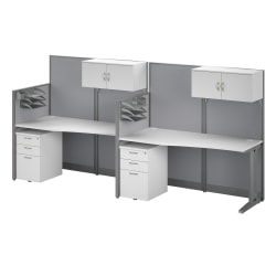 Bush® Business Furniture Office in an Hour 2-Person 129"W Straight Cubicle Desks With Storage, Drawers And Organizers, Pure White, Standard Delivery