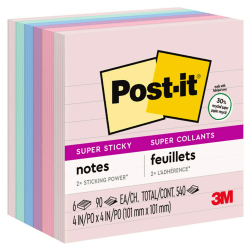 Post-it® Super Sticky Notes, 540 Total Notes, Pack of 6 Pads, 4" x 4", 30% Recycled, Wanderlust Pastels Collection, Lined, 90 Notes Per Pad