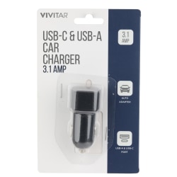 Vivitar USB-C And USB-A Car Charger, Black, NIL6003-BLK-STK-24