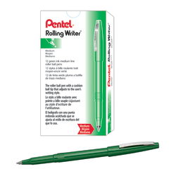 Pentel® Rolling Writer® Pens, Medium Point, 0.8 mm, Green Barrel, Green Ink, Pack Of 12 Pens