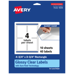 Avery® Glossy Permanent Labels With Sure Feed®, 94254-CGF10, Rectangle, 4-3/4" x 3-3/4", Clear, Pack Of 40