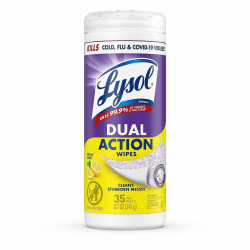 Lysol Dual Action Wipes, Citrus Scent, 7-1/4" x 7", White/Purple, Canister Of 35 Wipes
