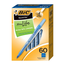 BIC® Round Stic® Ballpoint Pens, Medium Point, 1.0 mm, Translucent Barrel, Blue Ink, Box Of 60