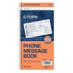 TOPS™ Phone Message Book, 2-Part, 11" x 5 1/2", 4 Messages Per Page, 100 Pages (100 Sheets), White/Canary
