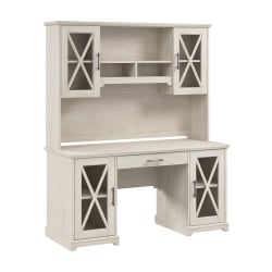 Bush® Furniture Lennox 60"W Farmhouse Desk With Hutch And Keyboard Tray, Linen White Oak, Standard Delivery
