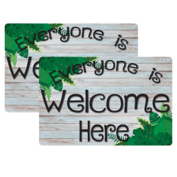 Ashley Smart Poly Welcome Mat With Slip Resistant Backing, 15.5" x 23.5", Beech Wood Greenery Everyone is Welcome Here, Pack Of 2