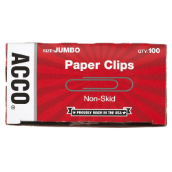 ACCO® Economy Non-Skid Paper Clips, 1000 Total, Jumbo, Silver, 100 Per Box, Pack Of 10 Boxes
