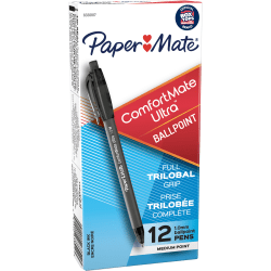 Paper Mate® Comfortmate™ Ultra Retractable Ballpoint Pens, Medium Point, 1.0 mm, Black Barrel, Black Ink, Pack Of 12