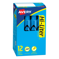 Avery® Hi-Liter® SmearSafe® Highlighters, Chisel Tip, Desk-Style, Fluorescent Blue, Pack Of 12 Highlighters