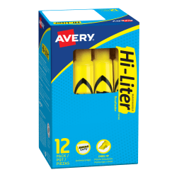 Avery® Hi-Liter® SmearSafe® Highlighters, Chisel Tip, Desk-Style, Yellow, Pack Of 12 Highlighters