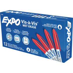 EXPO® Vis-A-Vis® Wet-Erase Fine-Tip Markers, Red, Box Of 12