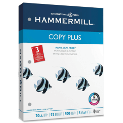 Hammermill® Copy Plus® 3-Hole Punched Multi-Use Printer & Copy Paper, White, Letter (8.5" x 11"), 500 Sheets Per Ream, 20 Lb, 92 Brightness