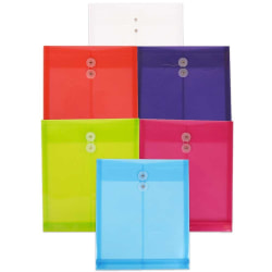 JAM Paper® Plastic Open-End Envelopes, Letter, 11-3/4" x 9-3/4", With Button & String Closure, Assorted Colors, Pack Of 6 Envelopes