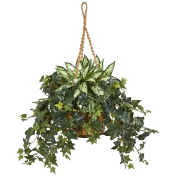 Nearly Natural Silver Queen and Ivy 30"H Artificial Plant With Hanging Basket, 30"H x 27"W x 27"D, Green/Brown