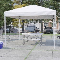 Flash Furniture 10'x10' Pop Up Event Canopy Tent with Carry Bag and Folding Bench Set - Portable Tailgate, Camping, Event Set, White