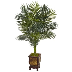 Nearly Natural Golden Cane Palm 54" Artificial Tree With Wooden Decorated Planter, Green/Brown