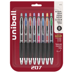 uni-ball® 207™ Retractable Fraud Prevention Gel Pens, Medium Point, 0.7 mm, Black Barrels, Assorted Ink Colors, Pack Of 8