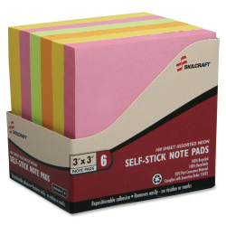 SKILCRAFT® Self-Stick Note Pads, 600 Total Notes, Pack Of 6 Pads, 3" x 3", Neon, 100 Notes Per Pad