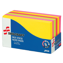 SKILCRAFT® Self-Stick Note Pads, 600 Total Notes, Pack Of 6 Pads, 3" x 5", Assorted Neon Colors, 100 Notes Per Pad (AbilityOne 7530-01-418-1420)