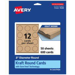 Avery® Printable Business Cards With Sure Feed® Technology, 95268-KMC50, Round, 2" Diameter, Kraft Brown, Pack Of 600