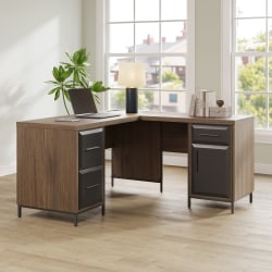 Thomasville® Alderbrook 60"W L-Shaped Corner Desk With Integrated Power Outlet, Walnut/Matte Black