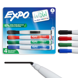 EXPO® Magnetic Dry Erase Markers With Eraser, Fine Tip, Assorted Ink Colors, Pack Of 4